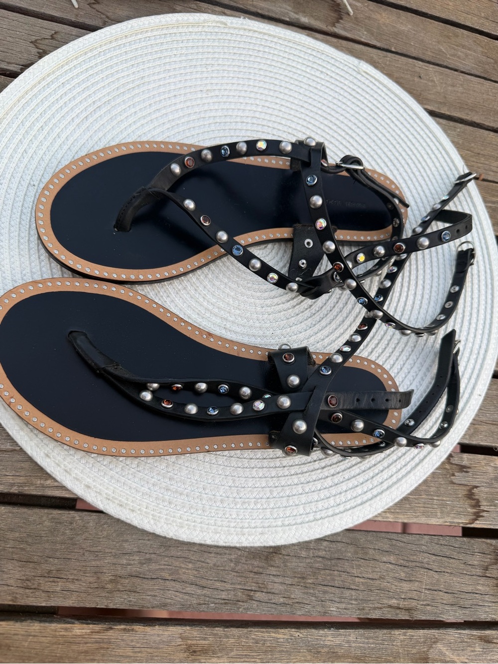 Isabel Marant Black Studded T-Strap Sandals with Tan Trim
